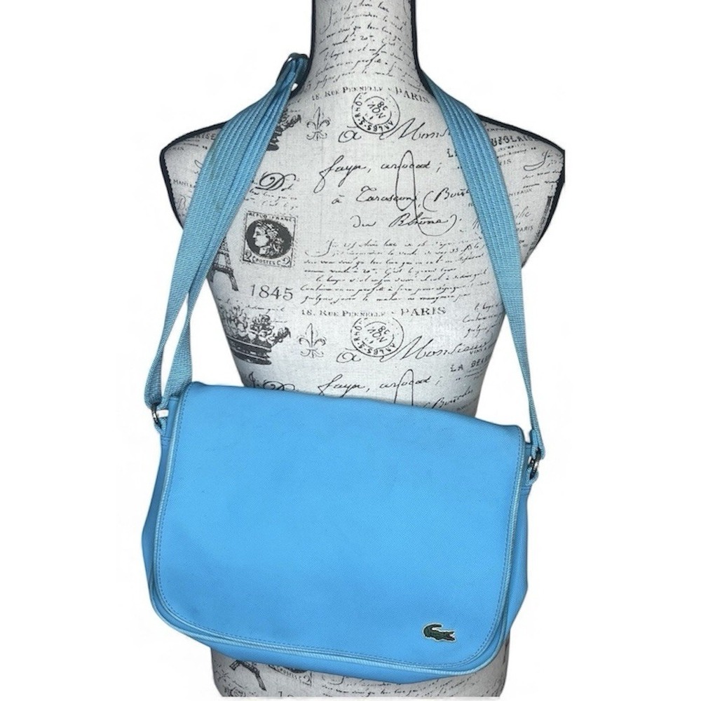 Lacoste Messenger Bag Sky Blue PVC New Classic 40 Retro Stripes *Needs Cleaning*